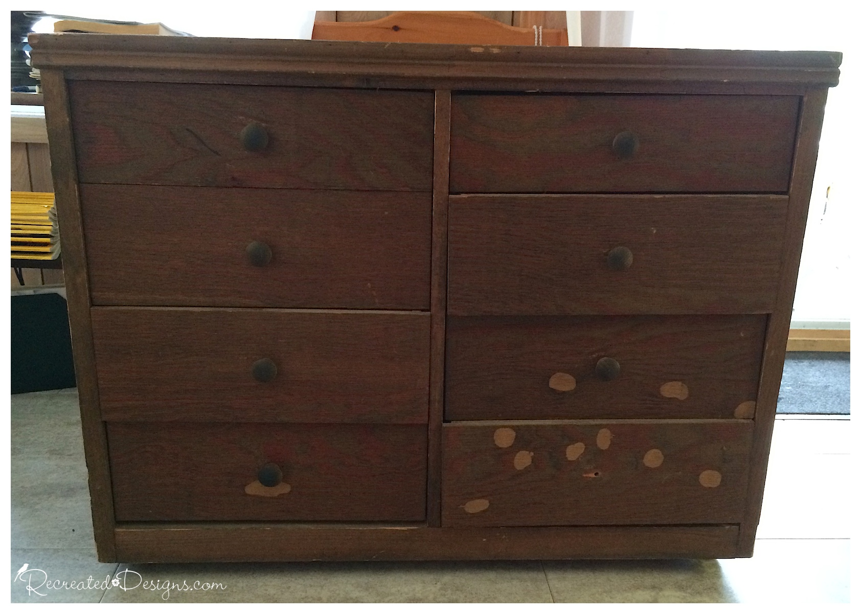 (Before) Leftover dresser drawers are repurposed into an ombre bookcase - by Recreated Designs