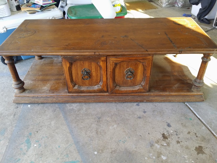 (Before) How an outdated coffee table became an upholstered bench - by Addison Meadows Lane