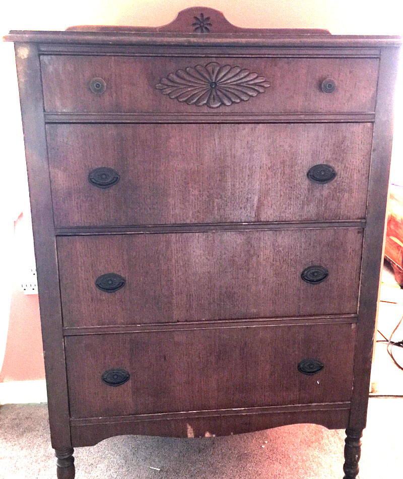 (Before) An antique dresser makeover with white paint and new stained top - by Create and Babble