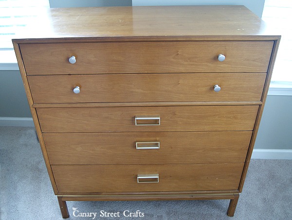 (Before) A painted ship silhouette and DIY rope pulls on a nautical dresser makeover - by Canary Street Crafts