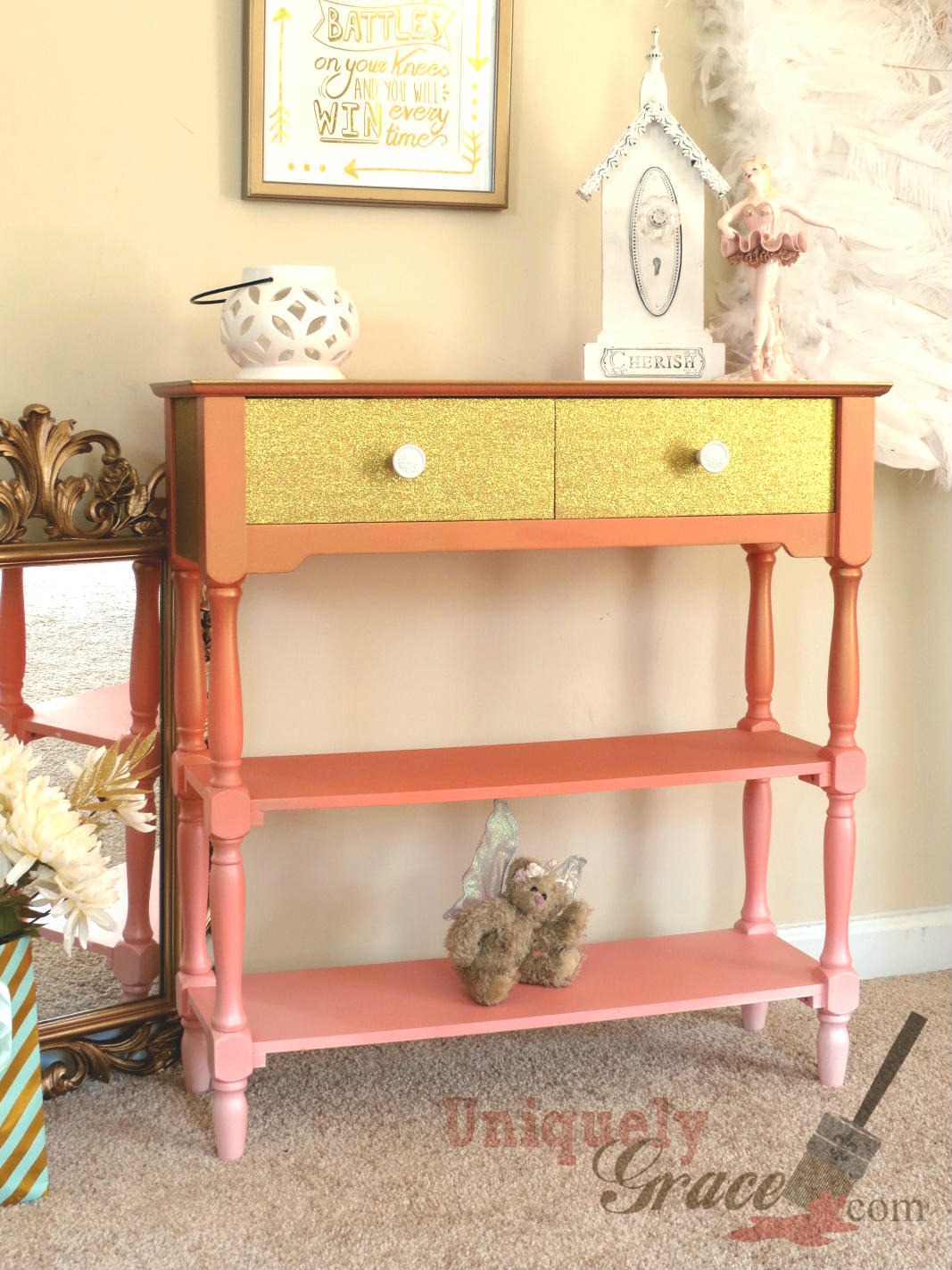 Glamorous Coral and Gold Table Makeover - by Uniquely Grace 