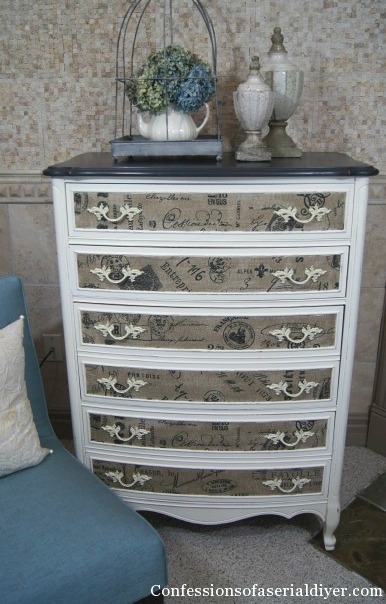 French Fabric Dresser Makeover - by Confessions of a Serial DIYer French Fabric Dresser Makeover - by Confessions of a Serial DIYer