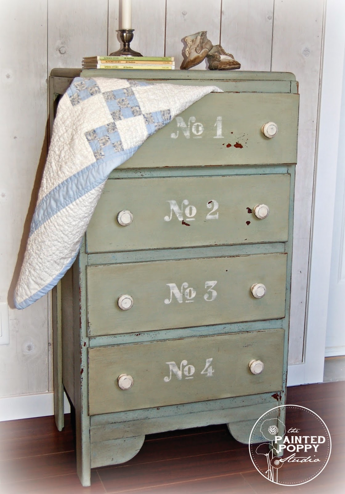 Numbered Mint Dresser Makeover - by The Painted Poppy Studio