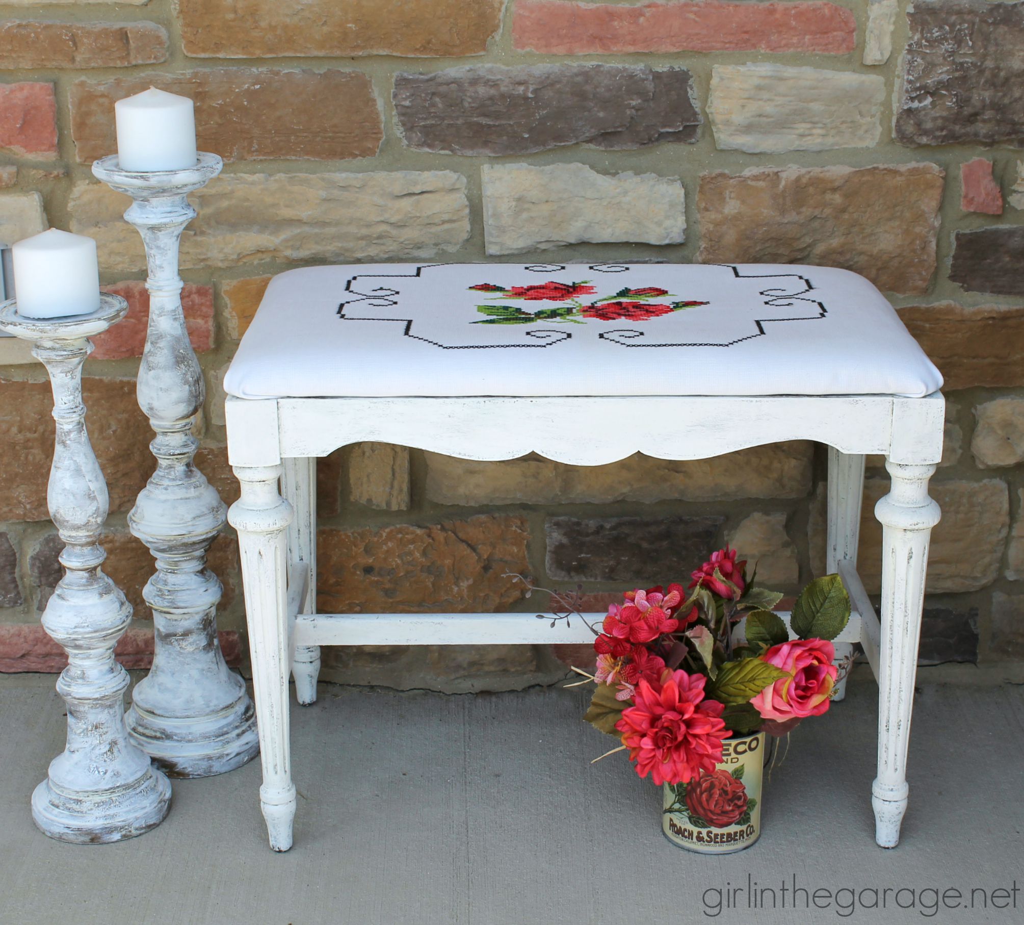 Antique Bench with Vintage Pillowcase